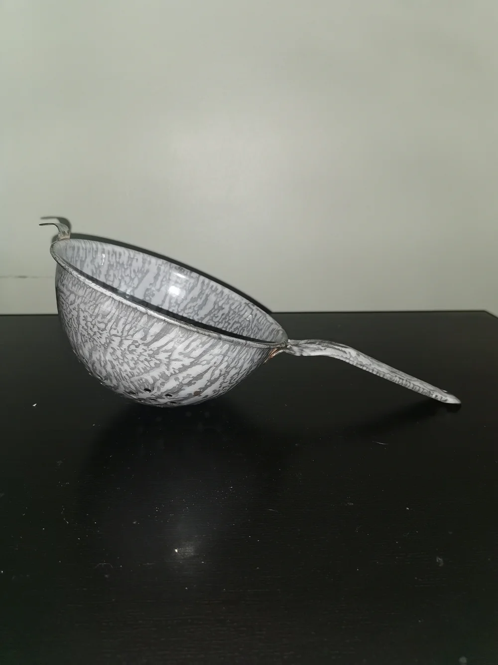Antique Enamel Graniteware Colander Strainer Blue White 12